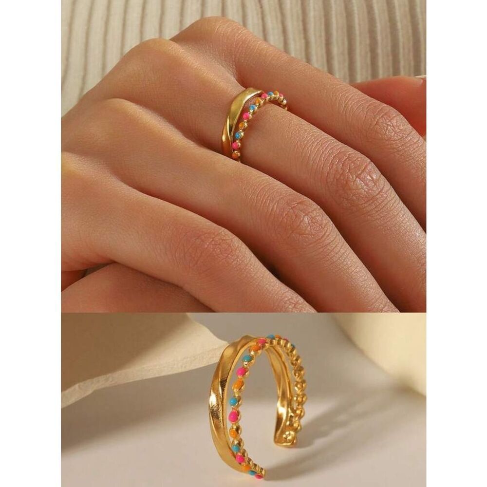 Gold plated Multicolor Beaded Open Ring - Women's Fashion Jewelry R 589